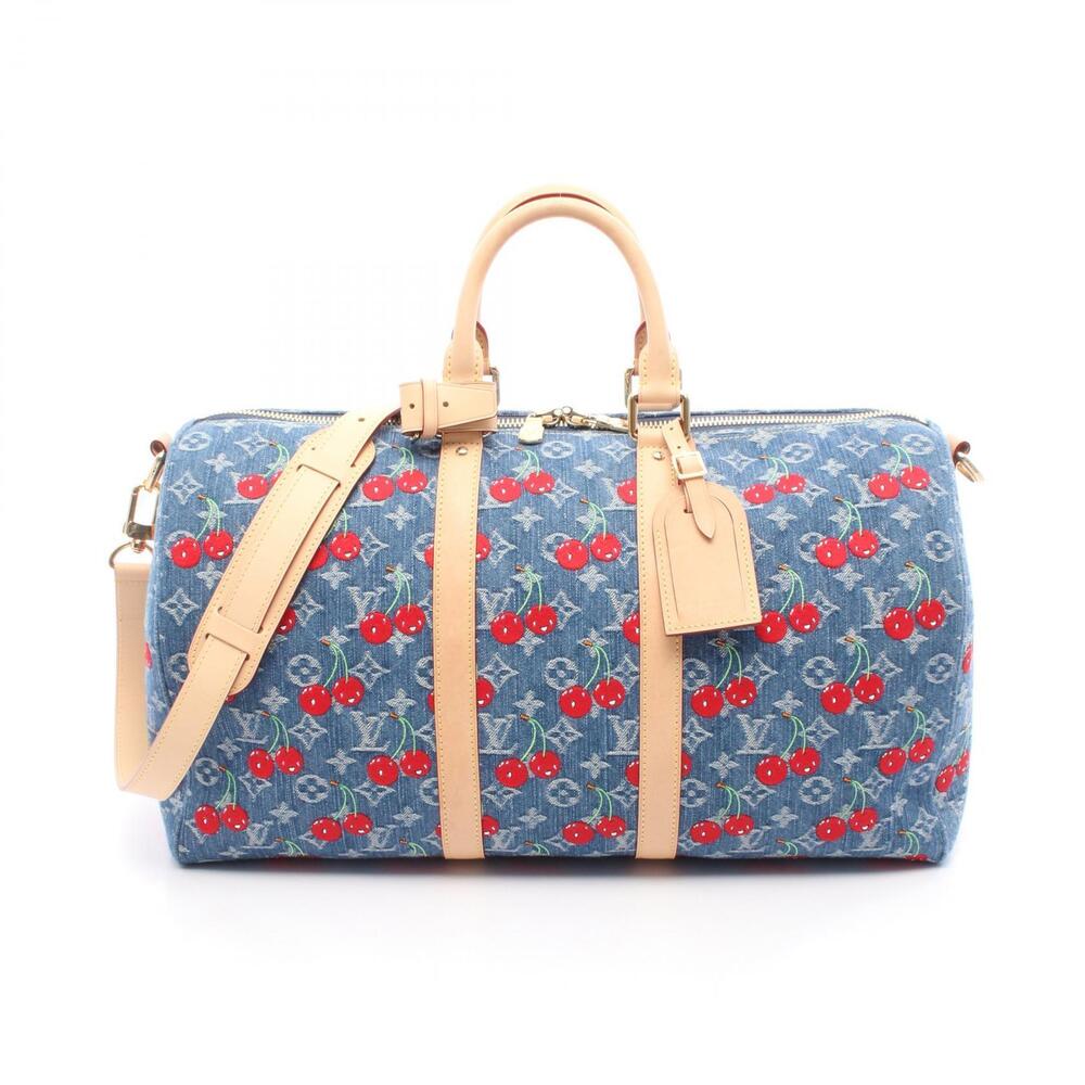 Louis Vuitton LV TM Keepall Bandouliere Boston Bag Denim Leather Monogram Cherry